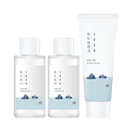 Round Lab Set de viaje 1025 Dokdo On The Go Kit que reduce arrugas y mejora textura con ácido hialurónico hidrolizado.