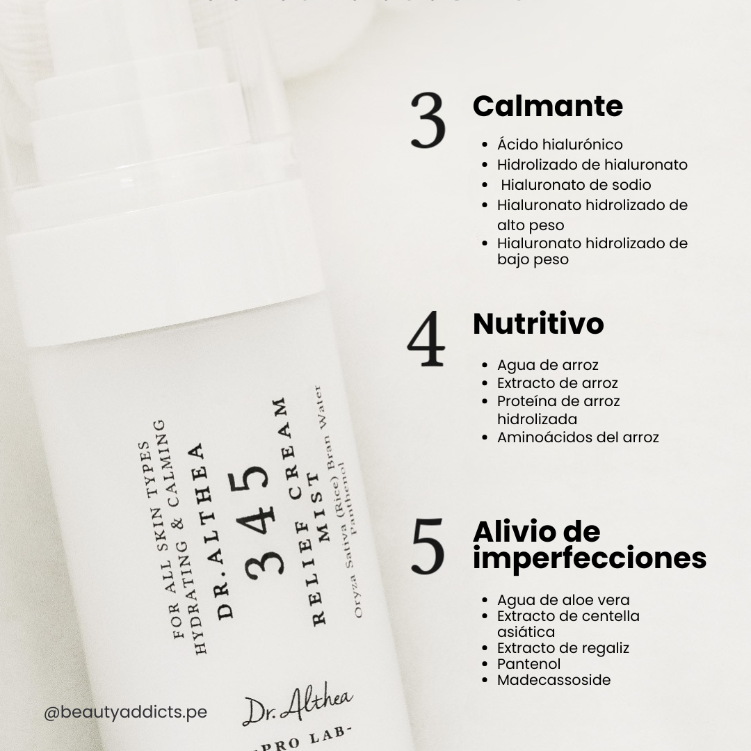 Dr. Althea 345 Relief Mist que calma, nutre y alivia las imperfecciones con ingredientes potentes.