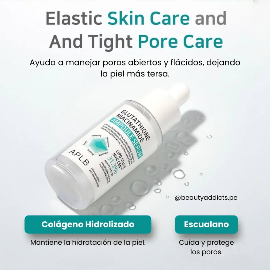 Fórmula avanzada del Glutathione Niacinamide Ampoule Serum de APLB, ideal para pieles con manchas e hiperpigmentación.