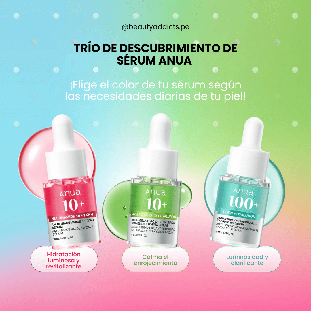 Anua Mini Trio Set con sueros para hidratación, calma y luminosidad.