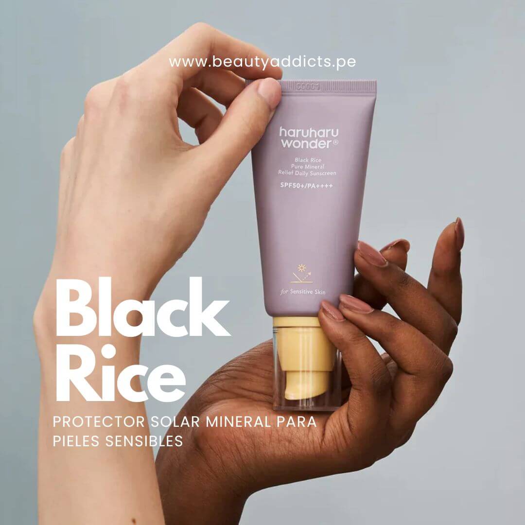 Black Rice Pure Mineral Relief Daily Sunscreen Haruharu Wonder unifica el tono con niacinamida.
