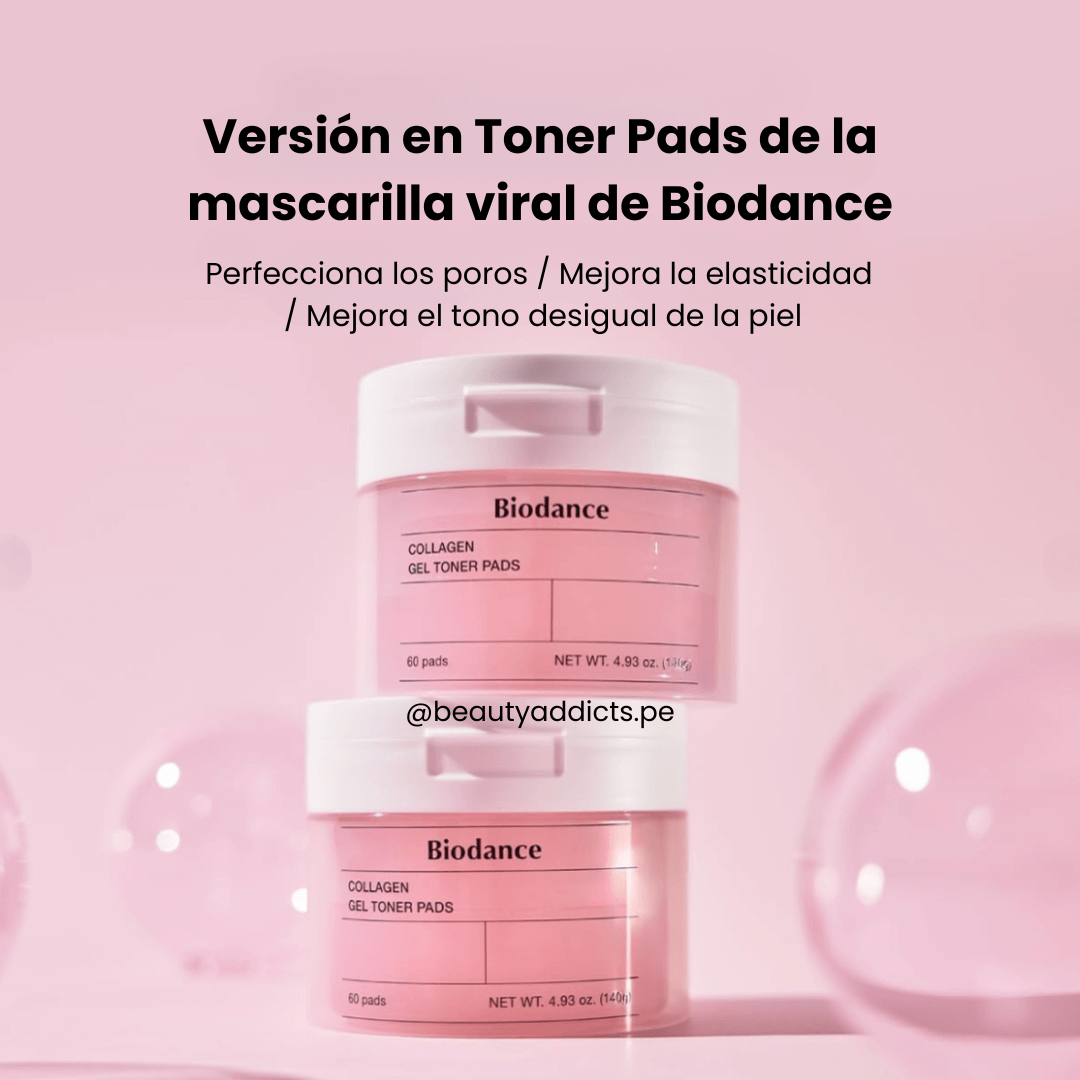 Pads faciales Collagen Gel Toner de Biodance, formulados con colágeno para refrescar e hidratar profundamente la piel.