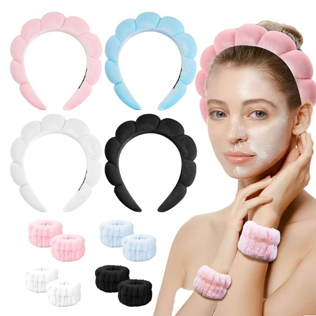 Set de diadema y muñequeras para skincare, ideal para mantener el cabello y las manos libres durante la rutina.