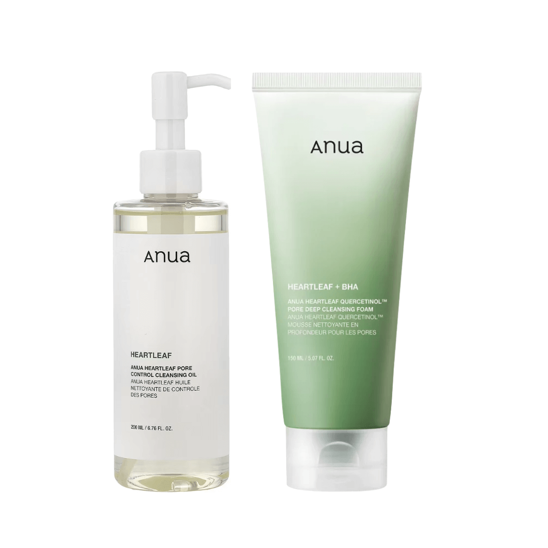 Set de doble limpieza Anua con limpiador a base de agua y aceite para una limpieza profunda y suave del rostro.