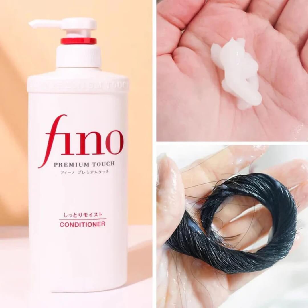 Detalle del Fino Premium Touch Conditioner de Shiseido, acondicionado para revitalizar el cabello dañado.