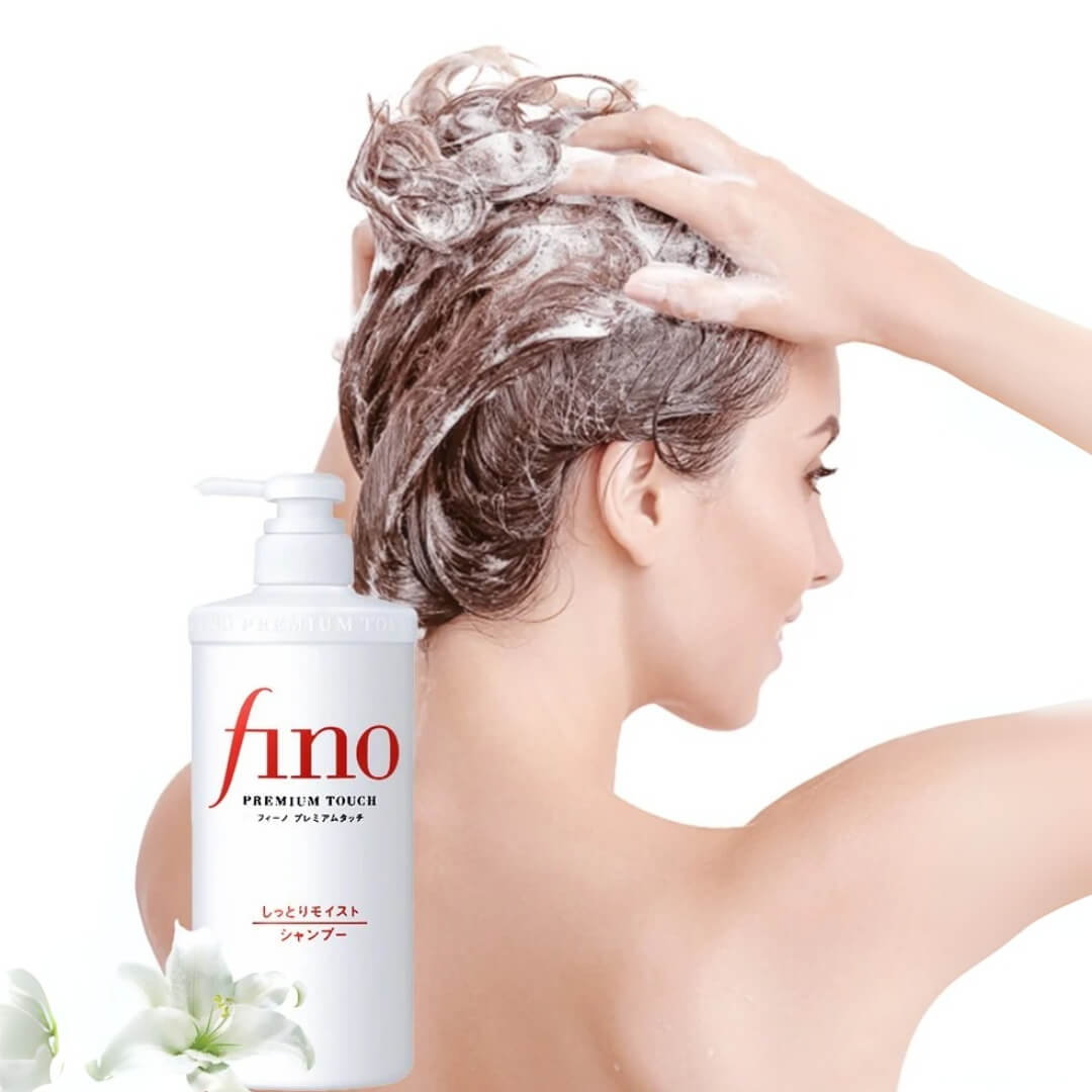 Detalle del Fino Premium Touch Shampoo de Shiseido, shampoo hidratante y reparador de lujo.