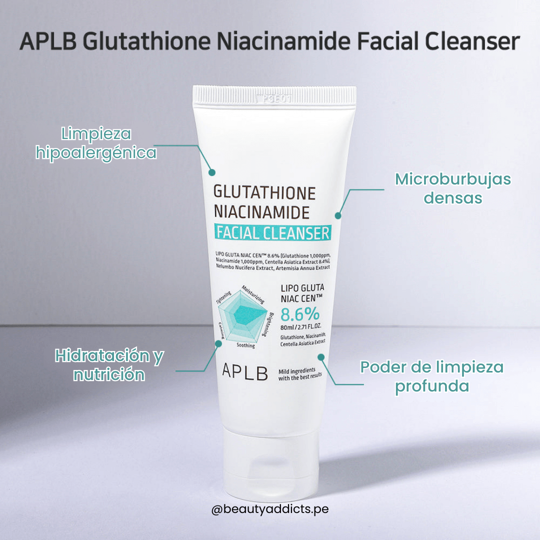 APLB Glutathione Cleanser para un tono uniforme gracias a la fórmula con niacinamida y glutatión.
