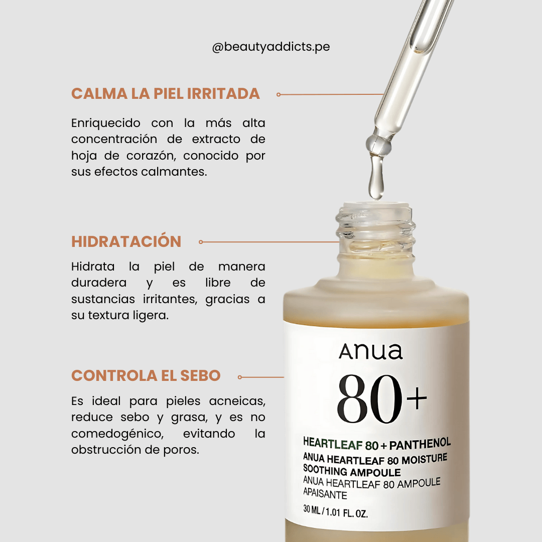 Anua Heartleaf 80 Soothing Ampoule con fórmula ligera y refrescante.