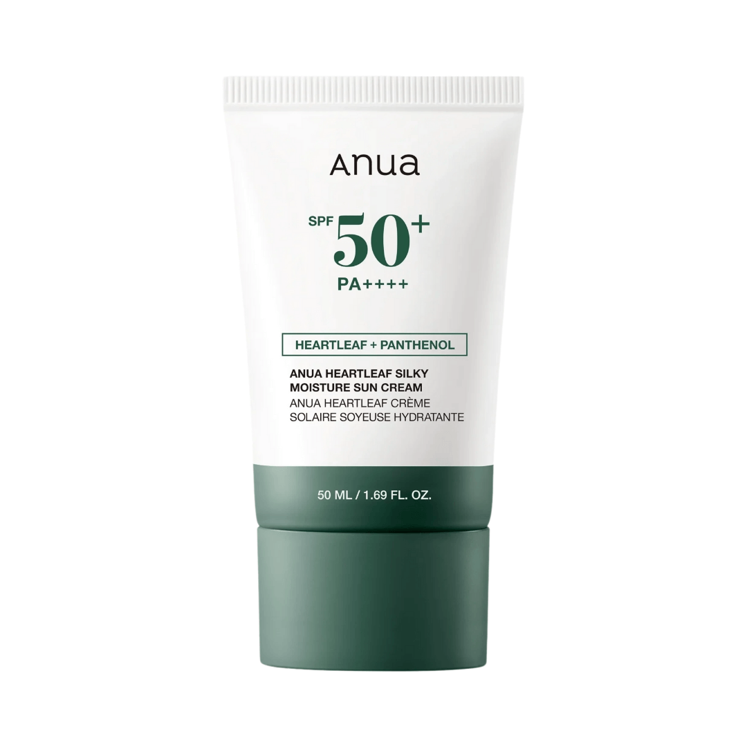 Anua Heartleaf Silky Sun Cream SPF50 para protección y calma en la piel.