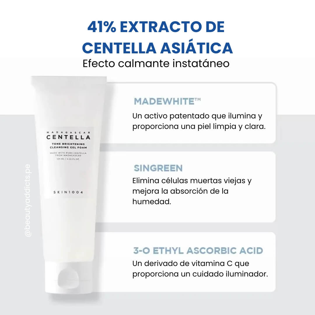 Skin1004 Madagascar Centella Cleansing Gel Foam, limpiador suave que elimina impurezas y aporta luminosidad a la piel.