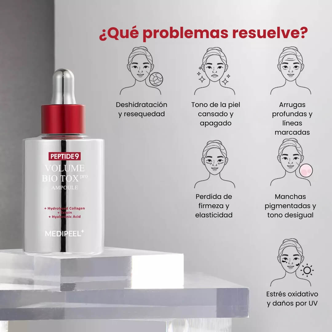 Peptide-9 Volume Biotox Ampoule Pro Medipeel estimula la producción de colágeno con péptidos de señal y reconstrucción.