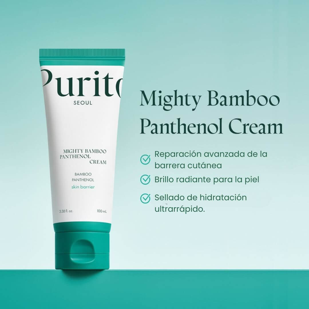 Mighty Bamboo Panthenol Cream de Purito, rica en ingredientes naturales que hidratan profundamente y reparan la piel sensible.