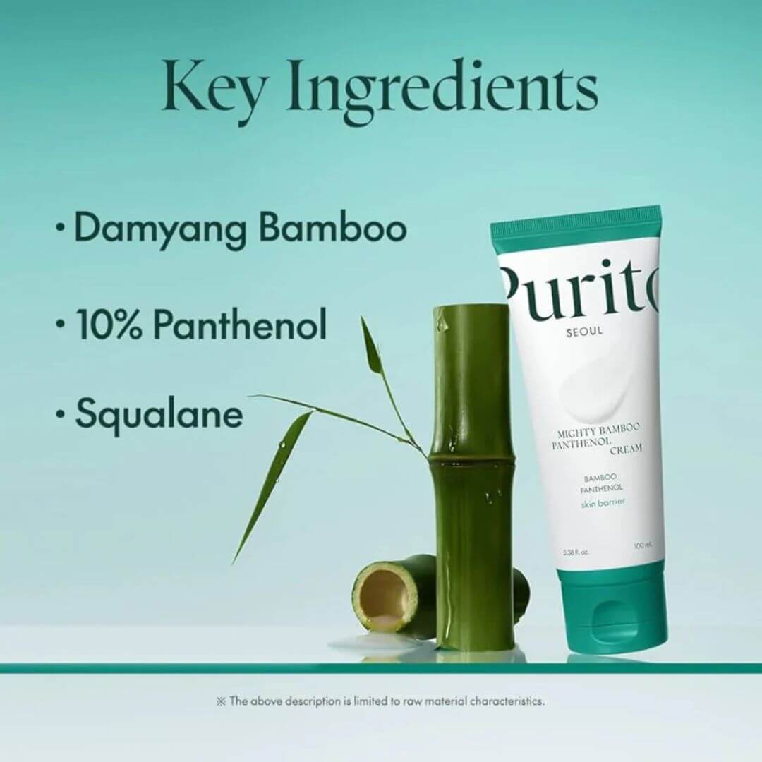 Purito Mighty Bamboo Panthenol Cream, perfecta para pieles sensibles, con propiedades reparadoras y antioxidantes.