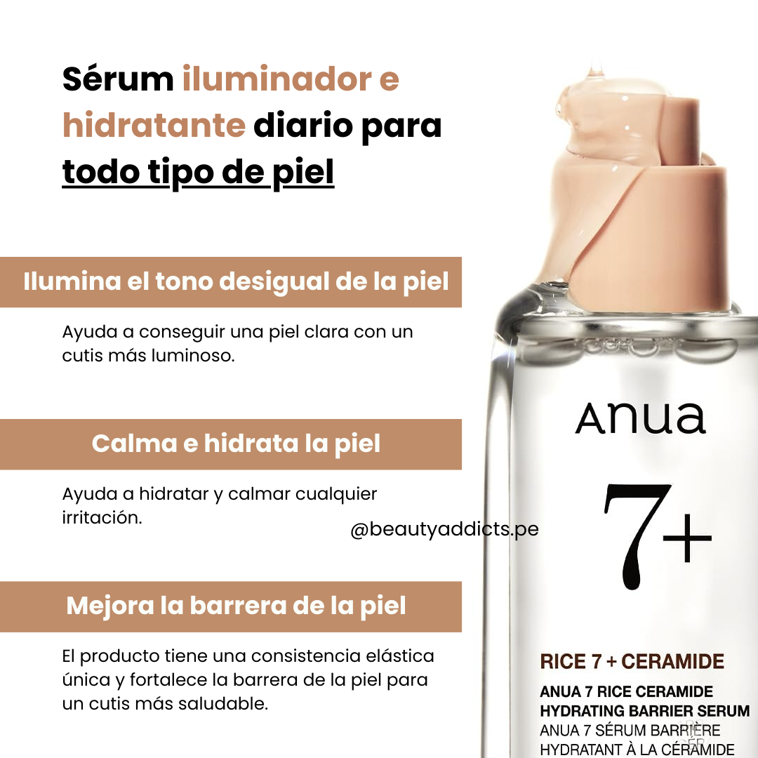 Sérum hidratante con ceramidas Rice 7 de Anua, ideal para mejorar el tono desigual de la piel.