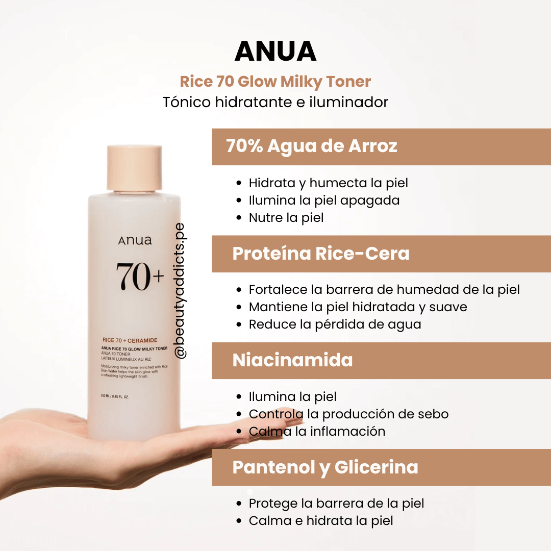 Rice 70 Glow Milky Toner, tónico de arroz que nutre e ilumina la piel, proporcionando un brillo natural.