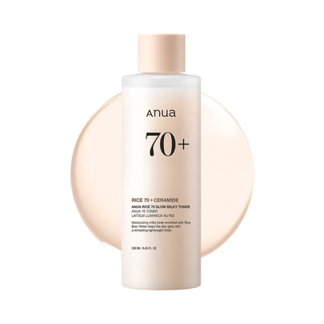 Tónico iluminador Rice 70 Glow Milky Toner, con extracto de arroz al 70% para hidratar y dar brillo a la piel.