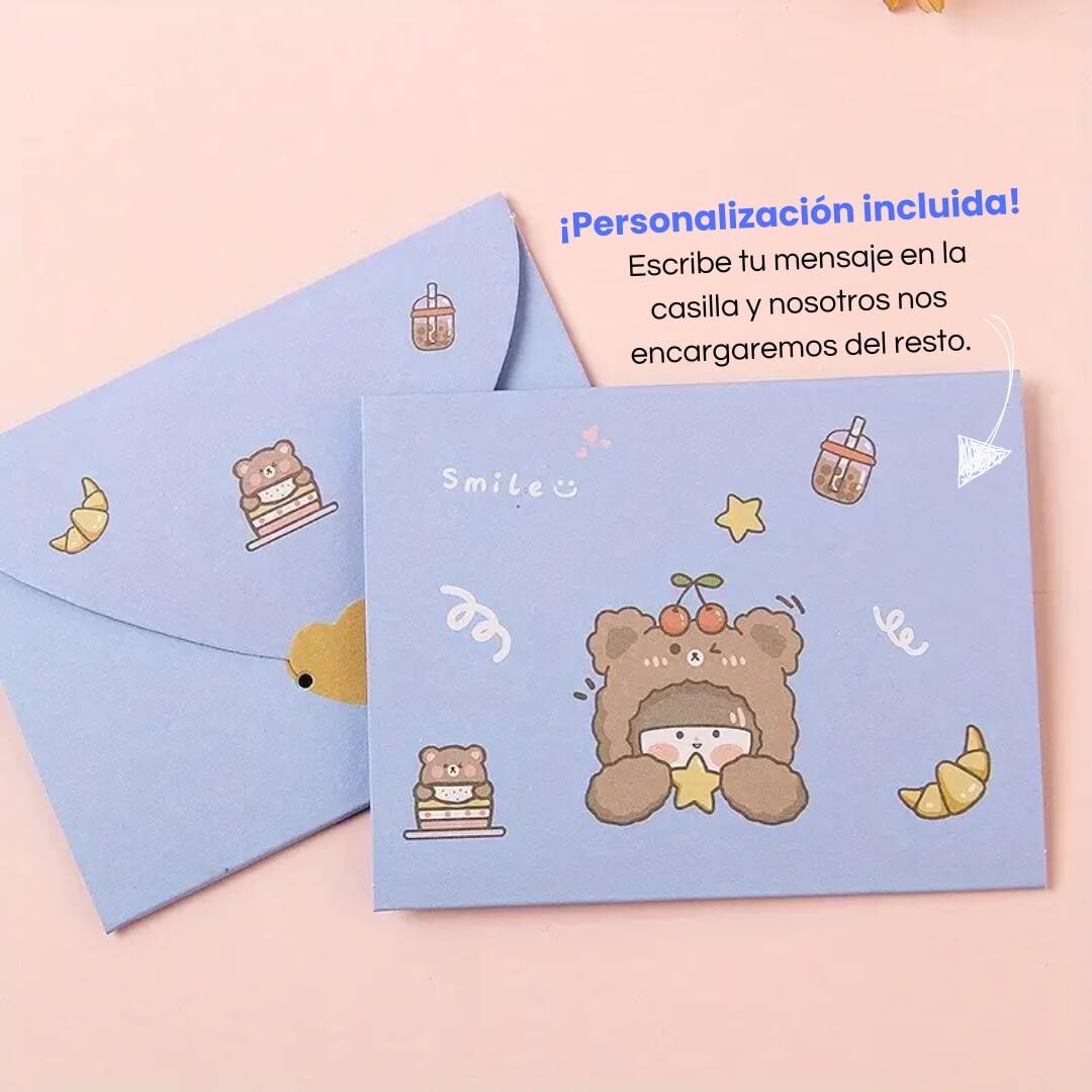 Tarjeta multiocasión con diseño kawaii, ideal para alegrar cualquier celebración especial.