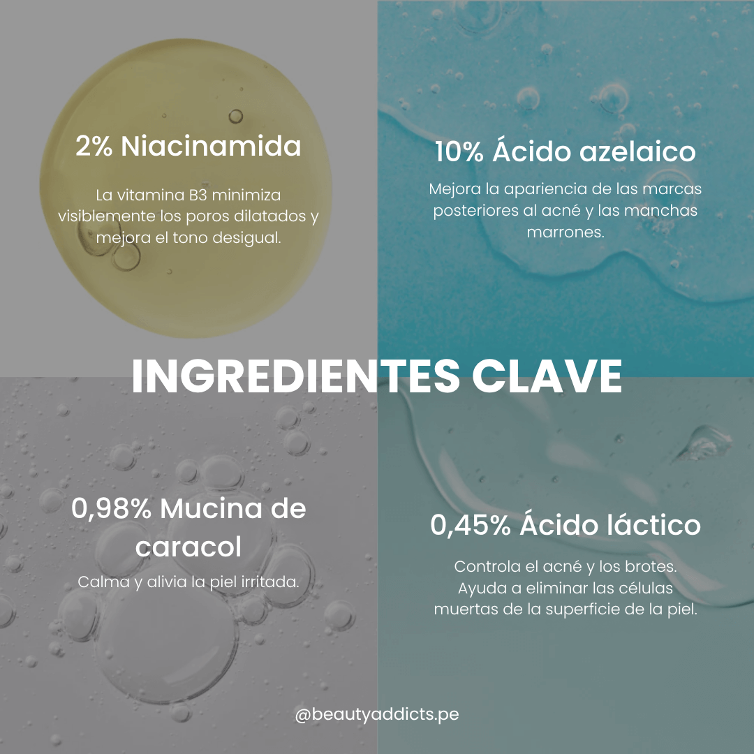 Serum de Nineless con ácido azelaico, niacinamida, mucina de caracol y ácido láctico para el acné.