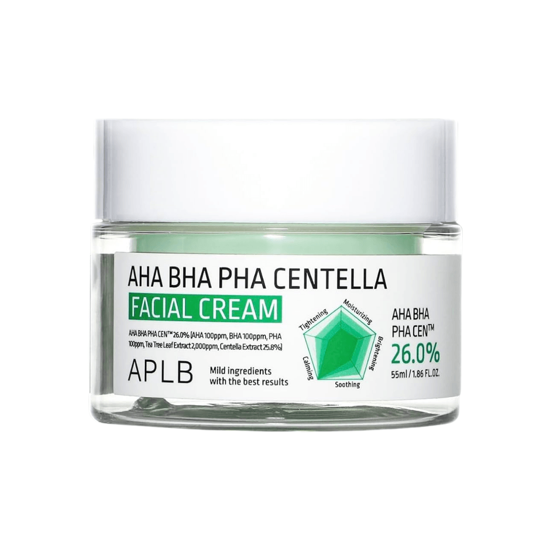 Crema facial APLB con AHA, BHA, PHA y centella asiática que ayuda a exfoliar suavemente, mejorar la textura y calmar la piel sensible.