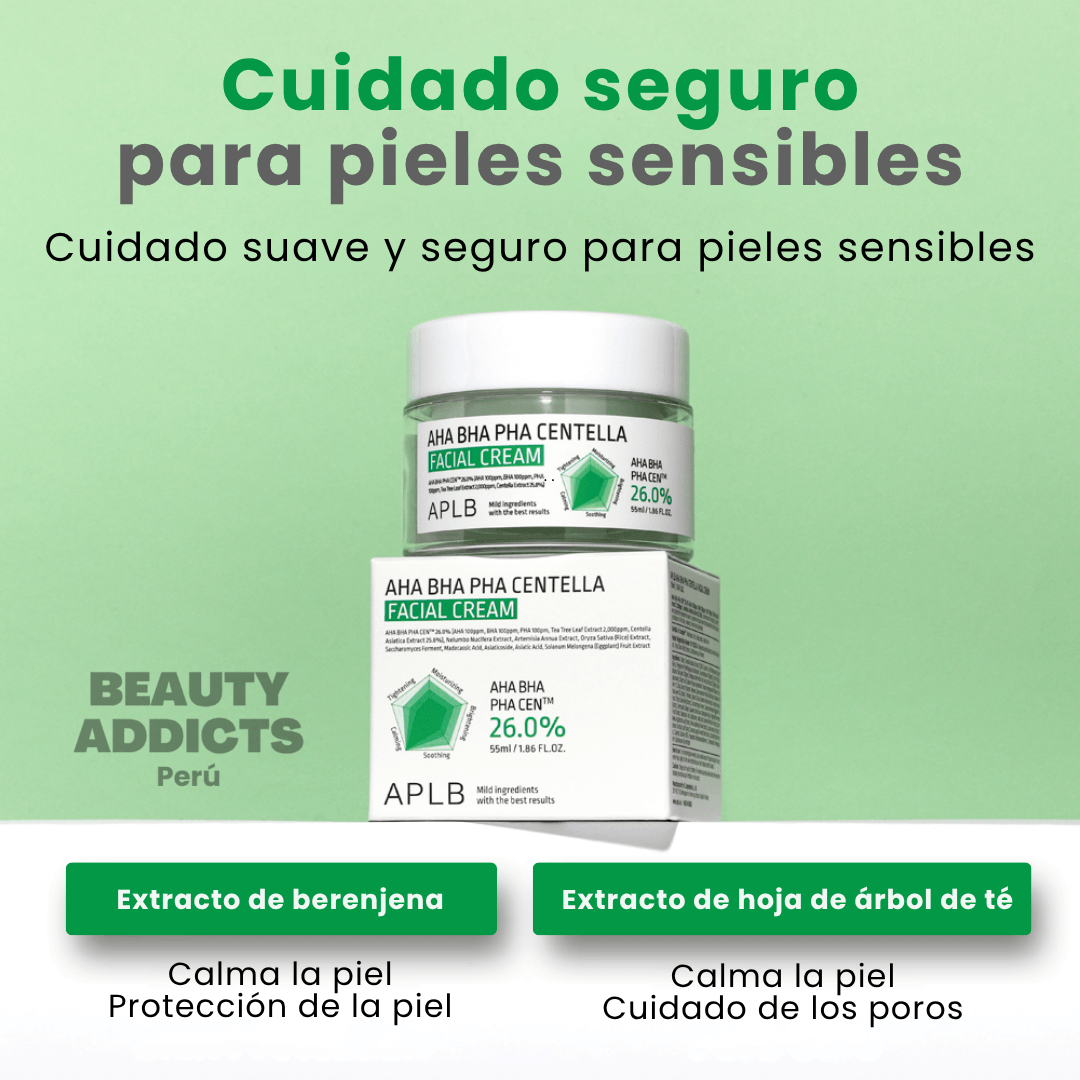 AHA BHA PHA Centella Facial Cream diseñada para reducir irregularidades, afinar poros y mejorar la luminosidad del rostro.