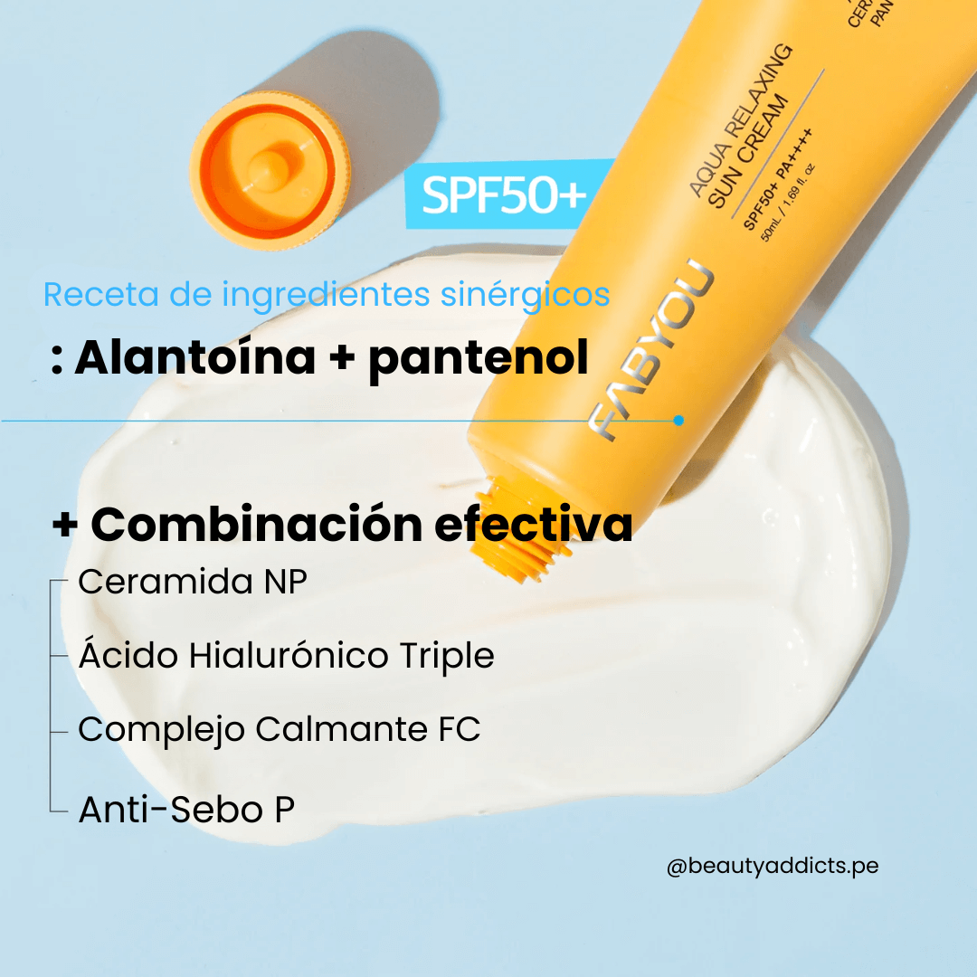 Fabyou Aqua Relaxing Sun Cream SPF50 con alantoína y pantenol para eliminar sebo.