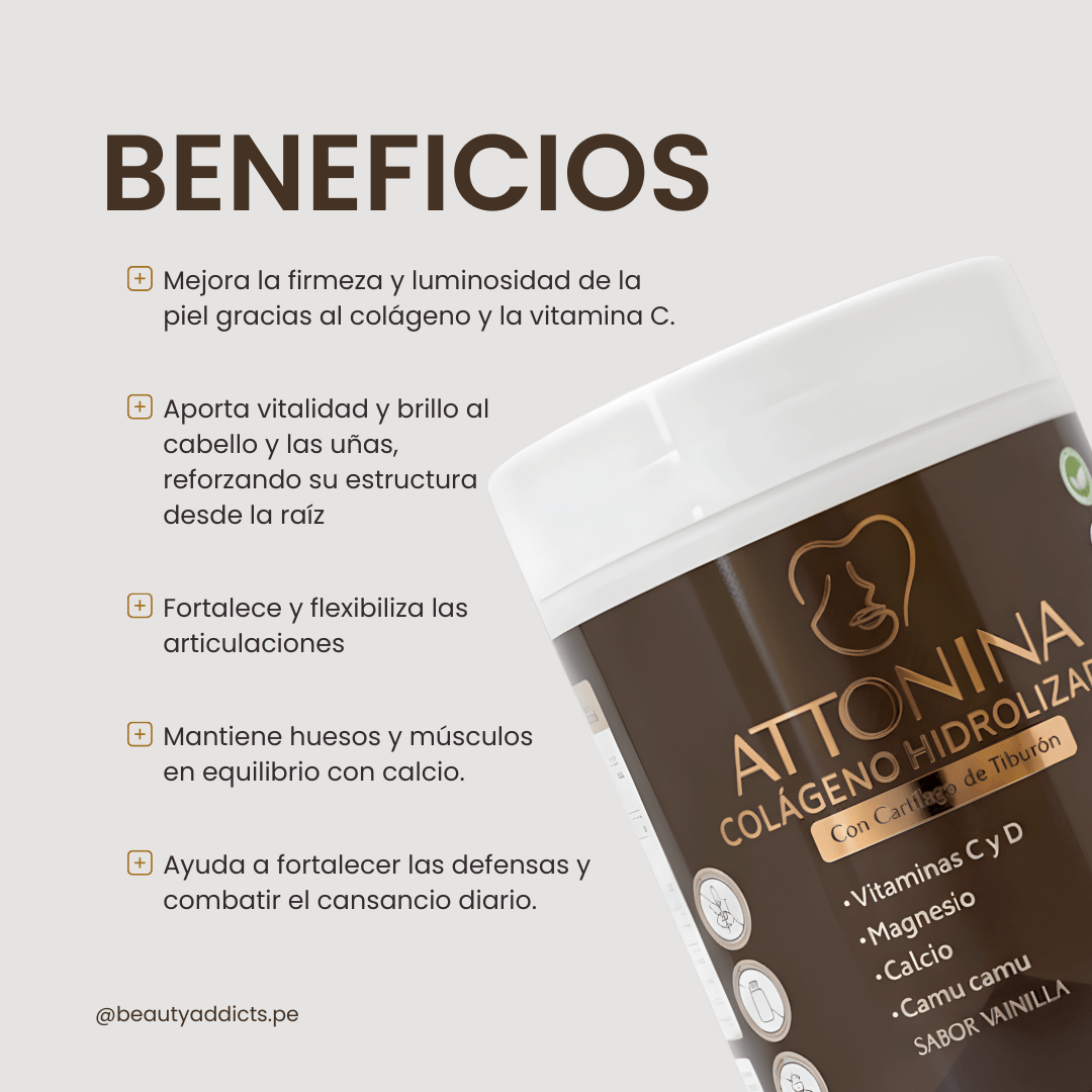 Attonina Colágeno Hidrolizado Hospital Supplies promueve una piel más firme y luminosa.
