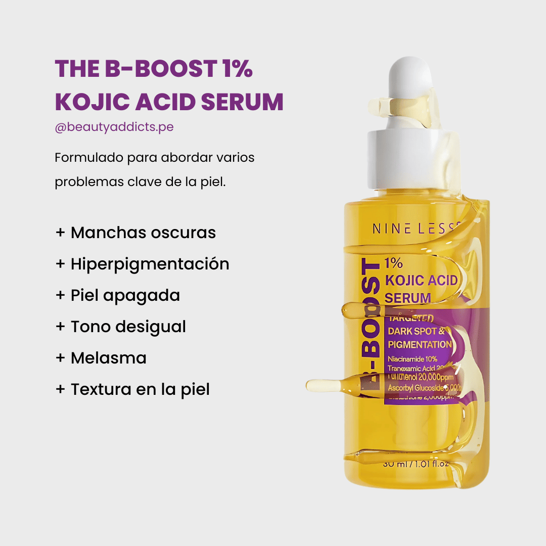 B-Boost 1% Kojic Acid Serum que aclara manchas y mejora la firmeza y el tono de la piel.