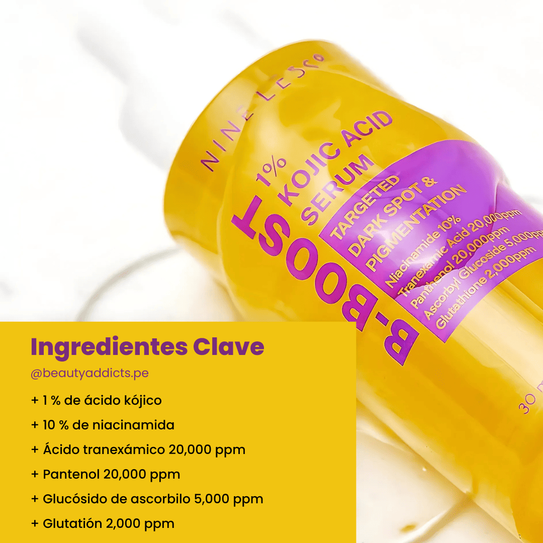 B-Boost 1% Kojic Acid Serum con TXA, niacinamida y péptidos que refuerzan la barrera cutánea.