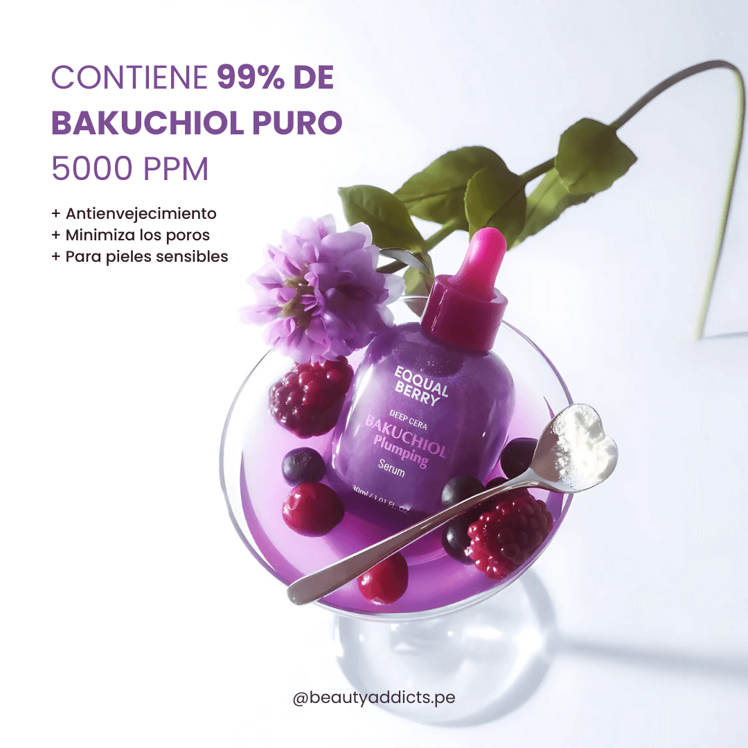 Eqqualberry Bakuchiol Plumping Serum con 5 000 ppm de bakuchiol para piel más firme sin irritación.