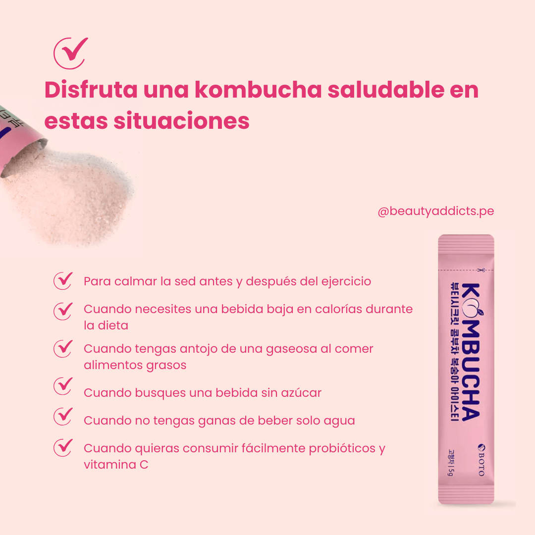 Beauty Secret Kombucha Peach Ice Tea Boto ayuda a reducir sensación de pesadez tras las comidas.