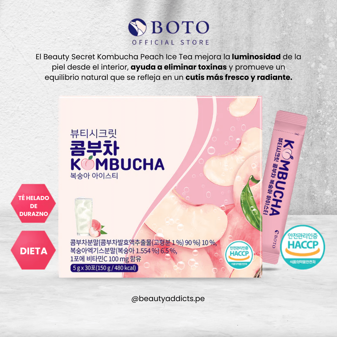 Beauty Secret Kombucha Peach Ice Tea Boto combina sabor suave de durazno con acción probiótica.