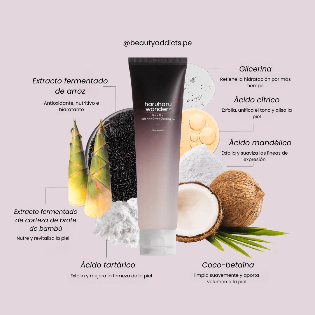 Black Rice Triple AHA Gentle Cleansing Gel Haruharu Wonder deja la piel lisa, fresca y radiante.