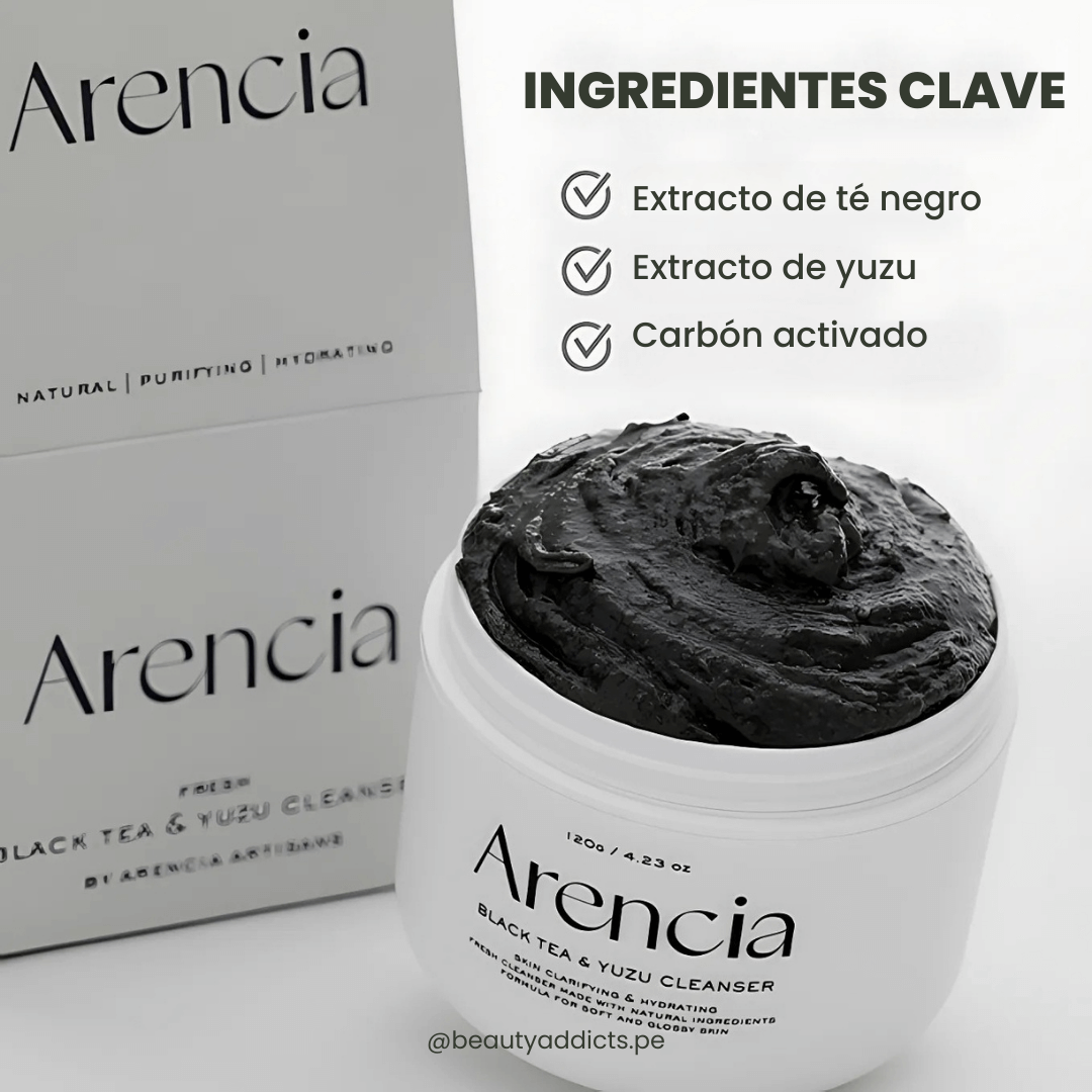 Arencia Black Tea Yuzu Rice Mochi Cleanser que mejora textura y tono con su fórmula de té y cítricos.