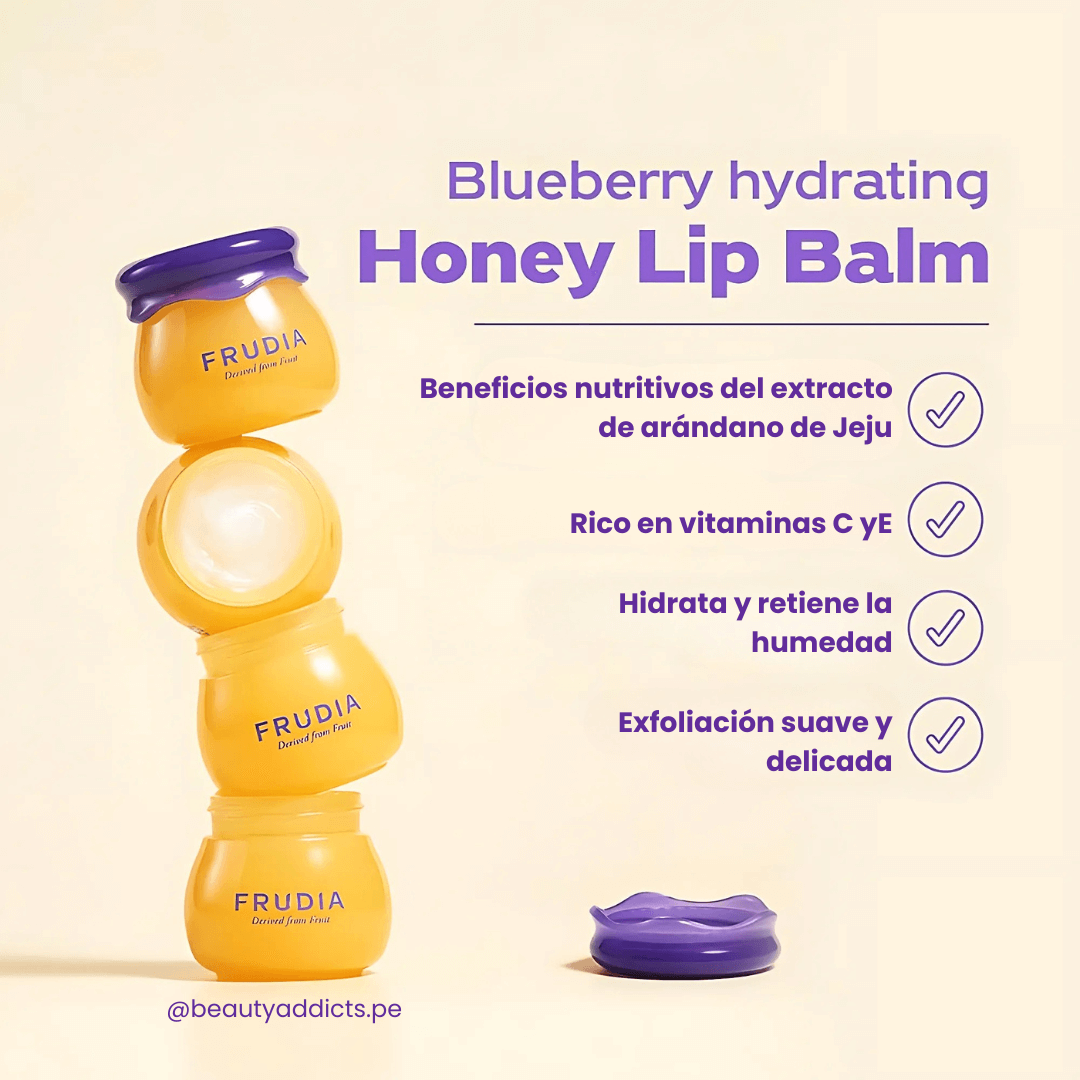 Frudia Blueberry Hydrating Honey Lip Balm mantiene labios suaves y flexibles.