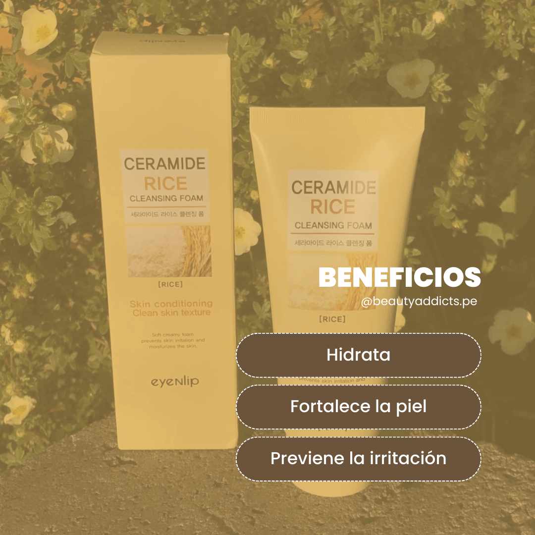 Eyenlip Ceramide Rice con extracto de arroz que aporta luminosidad y unifica el tono.