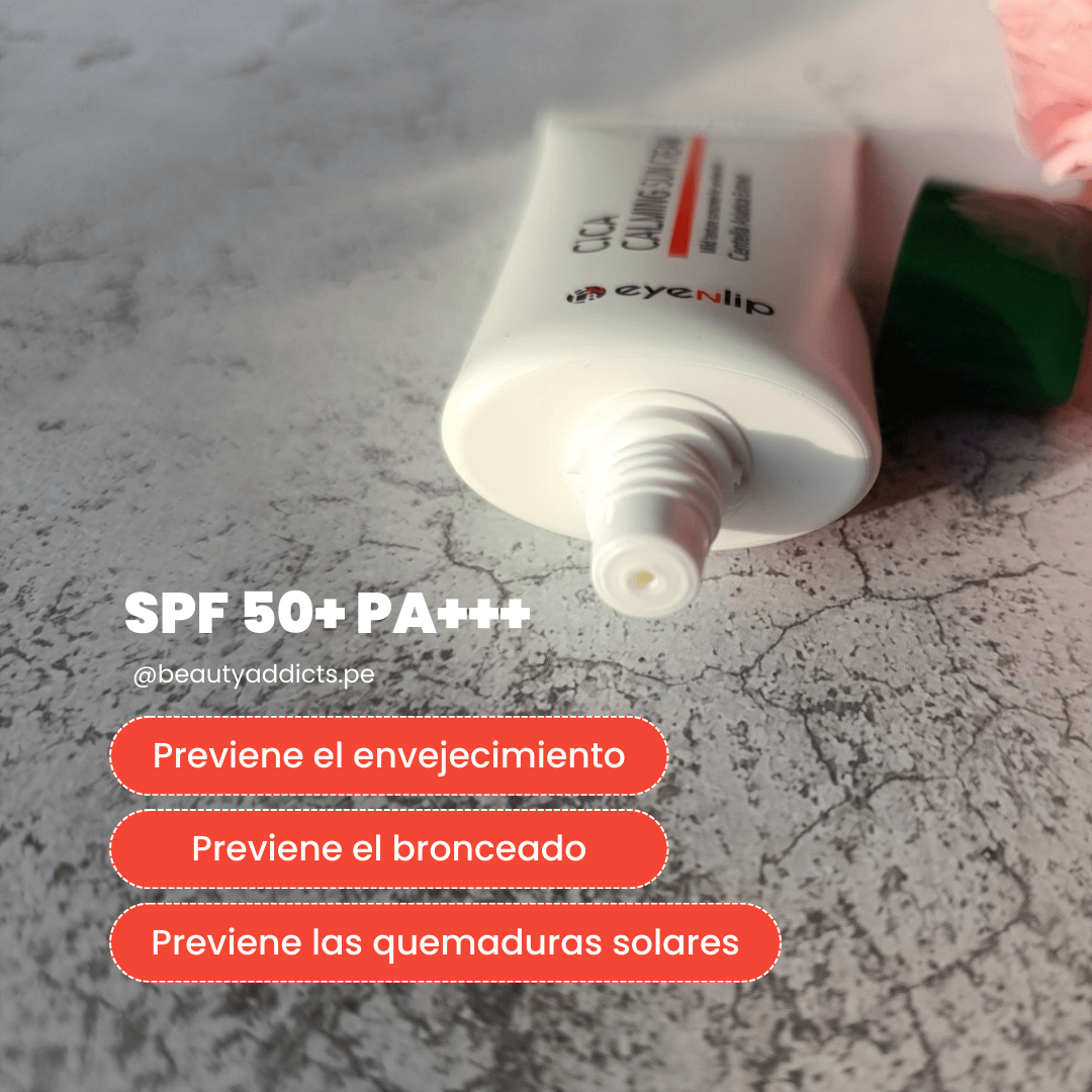 Eyenlip Cica Calming Sun Cream con adenosina y niacinamida que suavizan arrugas y unifican el tono.