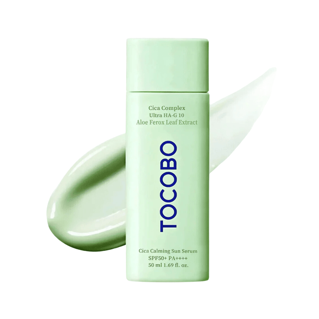 Tocobo Cica Calming Sun Serum con filtro SPF 50+ y fórmula vegana libre de fragancia.