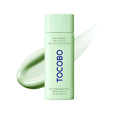 Tocobo Cica Calming Sun Serum con filtro SPF 50+ y fórmula vegana libre de fragancia.