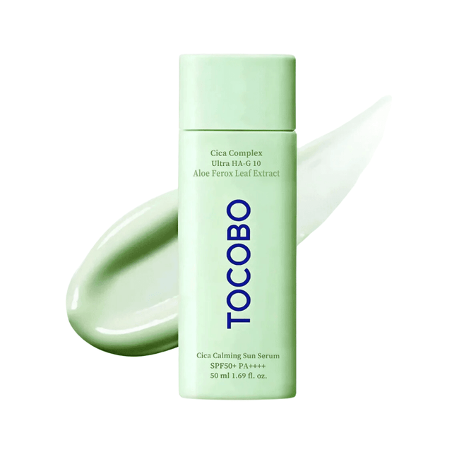 Tocobo Cica Calming Sun Serum con filtro SPF 50+ y fórmula vegana libre de fragancia.