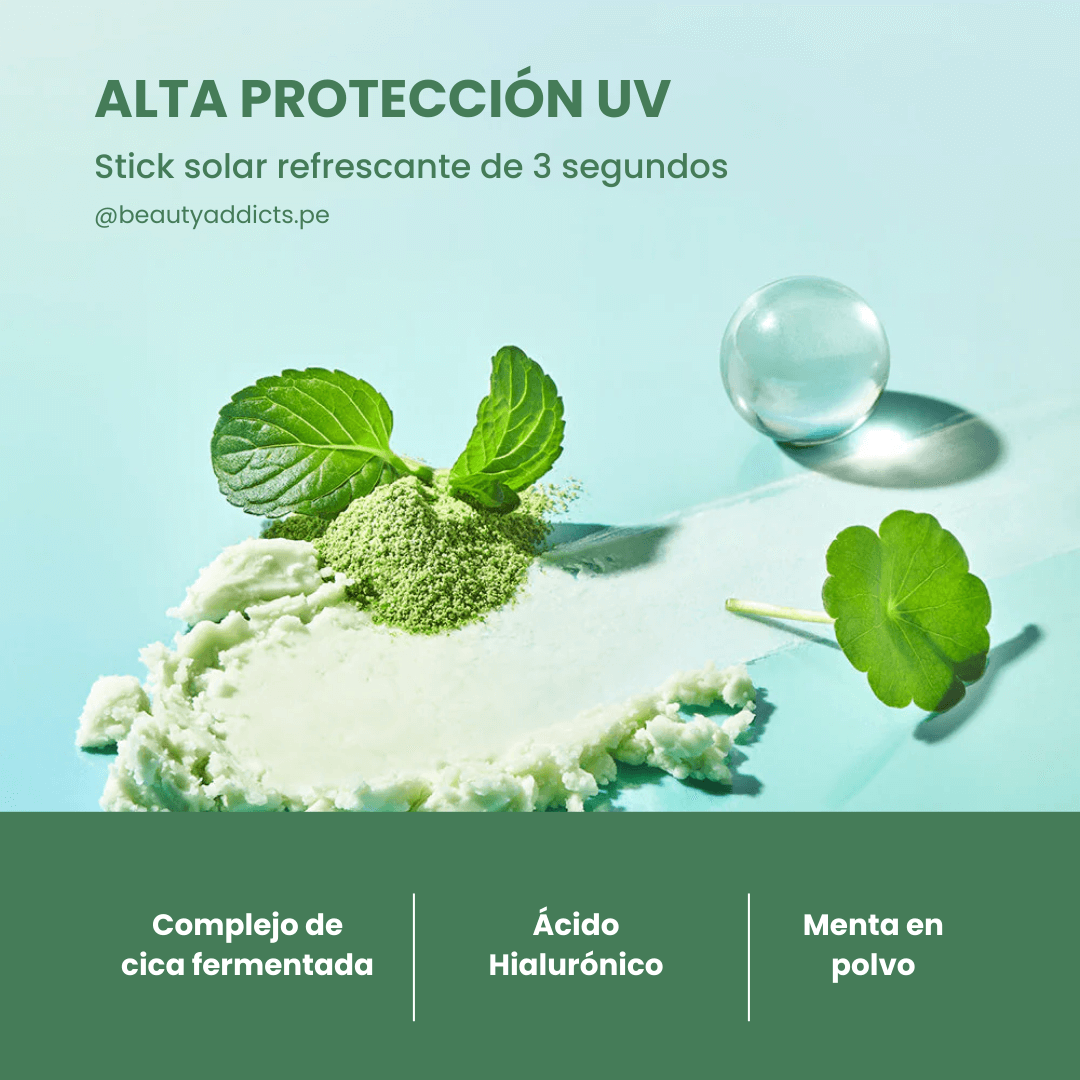 Tocobo Cica Cooling Sun Stick con cica, menta y ácido hialurónico para calmar y refrescar la piel.