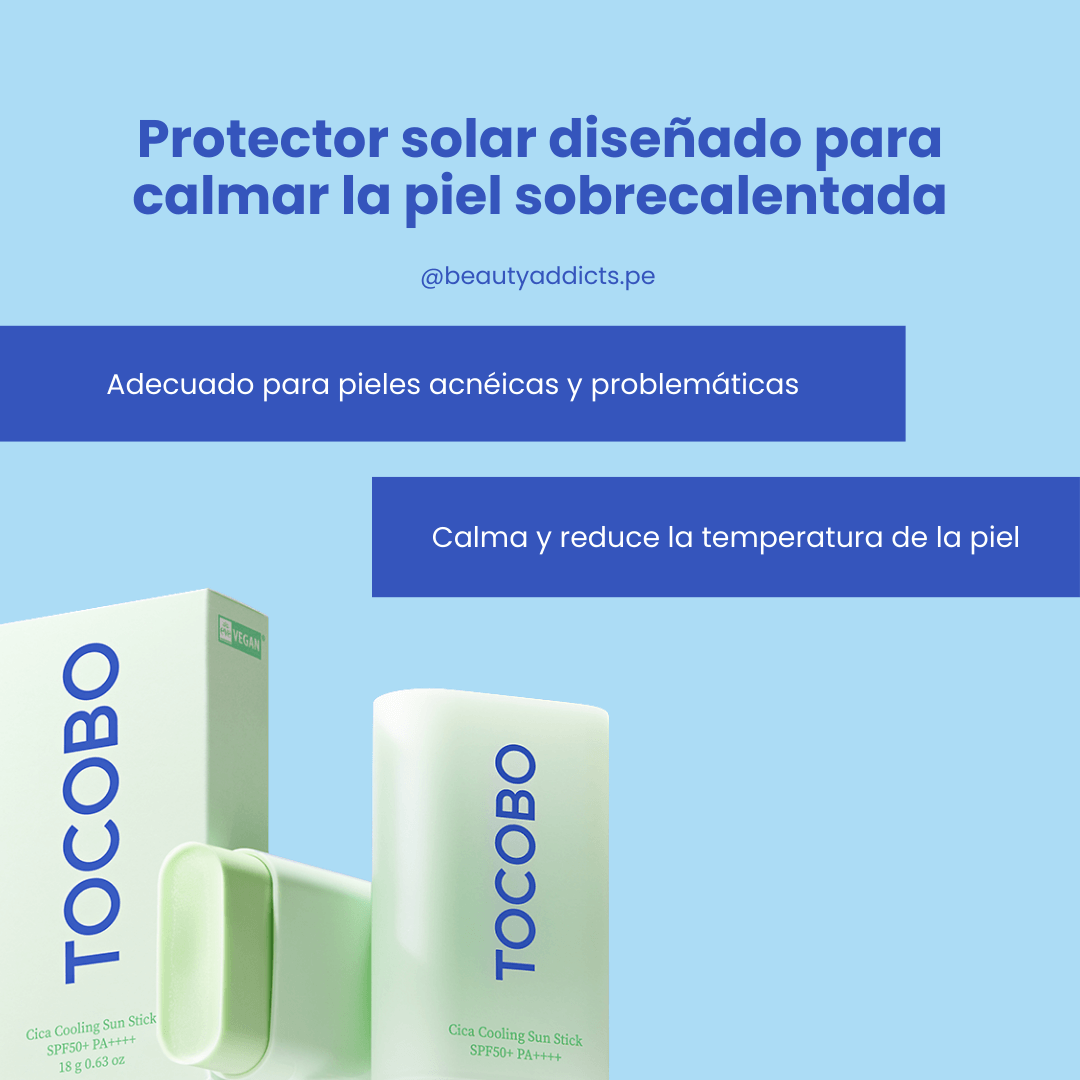 Tocobo Cica Cooling Sun Stick ideal para pieles con acné, calma y reduce rojeces al proteger del sol.