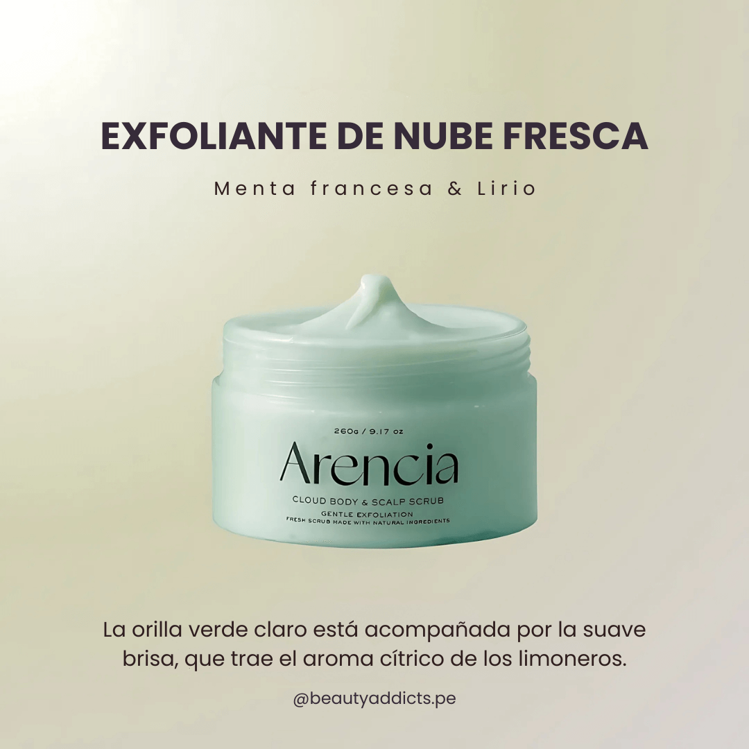 Cloud Body & Scalp Scrub French Mint & Lily que suaviza codos y rodillas con aroma de menta.
