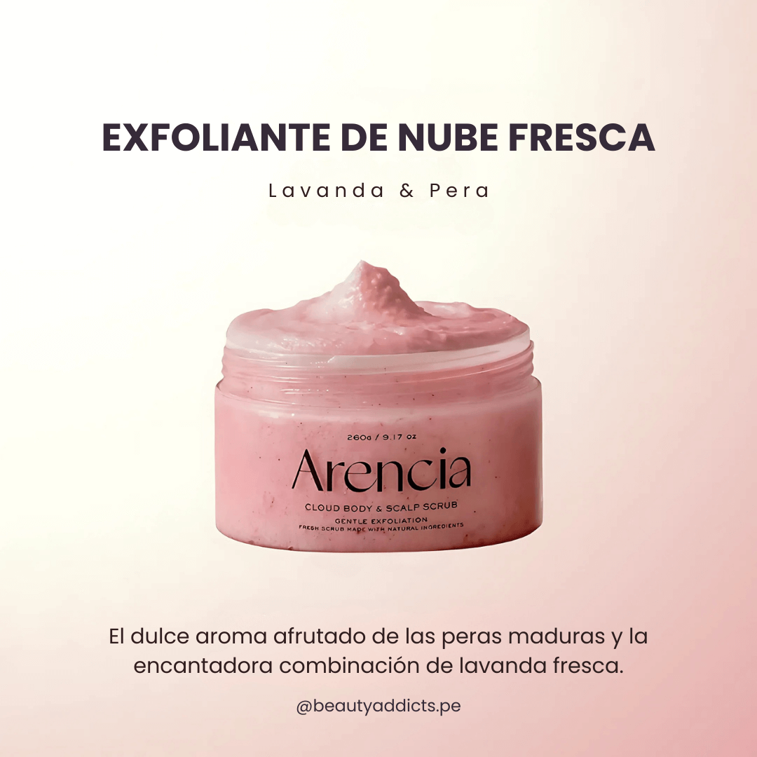 Cloud Scrub con aroma floral de lavanda y pera que renueva y equilibra piel y cuero cabelludo.