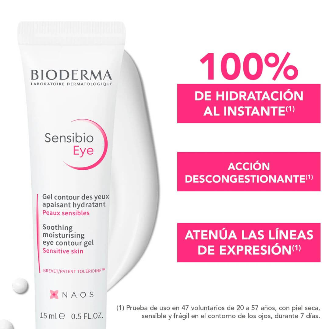 Contorno de Ojos Sensibio Eye Bioderma alivia irritación y suaviza la delicada piel alrededor de los ojos.