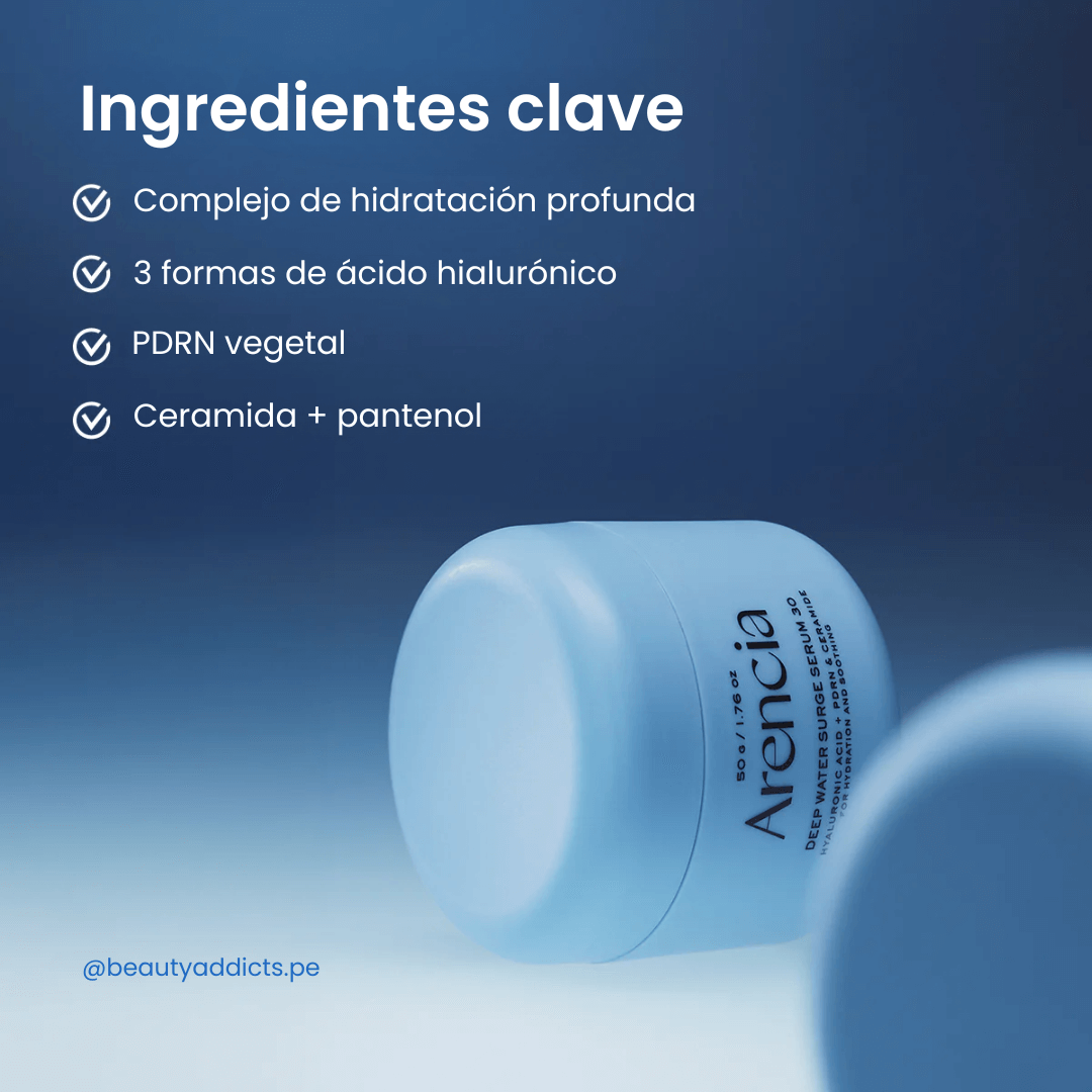 Arencia Deep Water Surge Serum 30 con ácido hialurónico que aporta hidratación sin sensación grasosa.