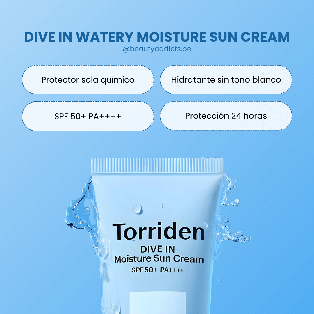 Torriden Dive In Sun Cream con SPF50+ que protege y mantiene la piel hidratada todo el día.
