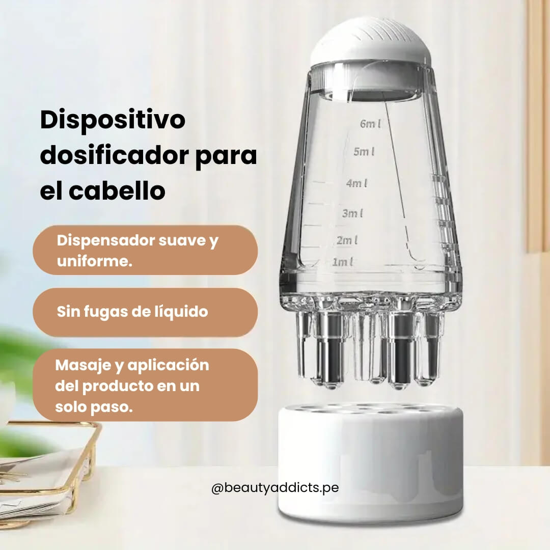Dispositivo para aplicar productos capilares, combina masaje y distribución uniforme.
