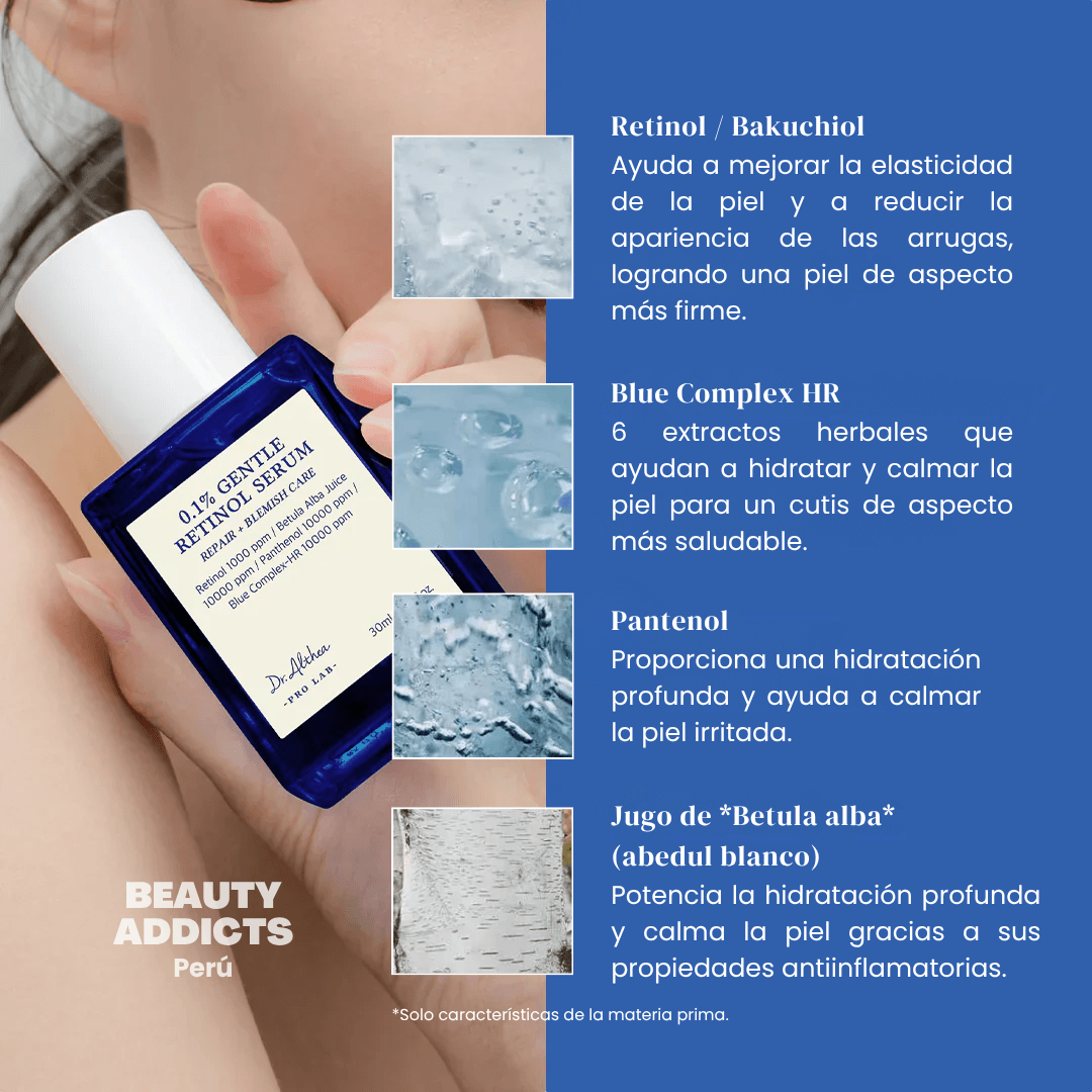 0.1% Gentle Retinol Serum formulado para suavizar la textura de la piel, mejorar la apariencia de los poros y disminuir los signos visibles del envejecimiento.