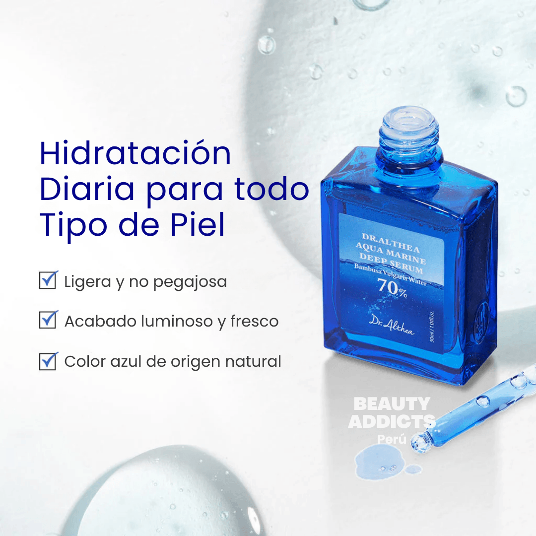 Aqua Marine Deep Serum formulado para aliviar la deshidratación, mejorar la elasticidad y mantener la piel suave, fresca y luminosa durante todo el día.
