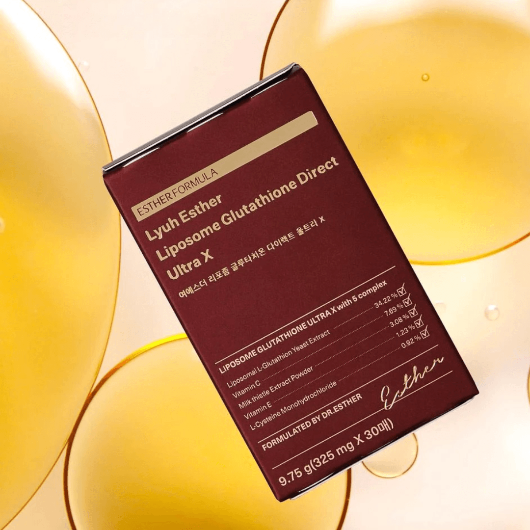 Suplemento de glutatión liposomal de Esther Formula en sobres individuales para complementar una rutina diaria de nutrición y bienestar.